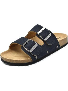 Women's Blue Floral Flats Slides Sandals 2 Strap Buckle Slip on Non Slip Shoes